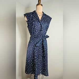 Ann Taylor Blue Polka Dot Midi Dress Size 10 Belted Spring Workwear